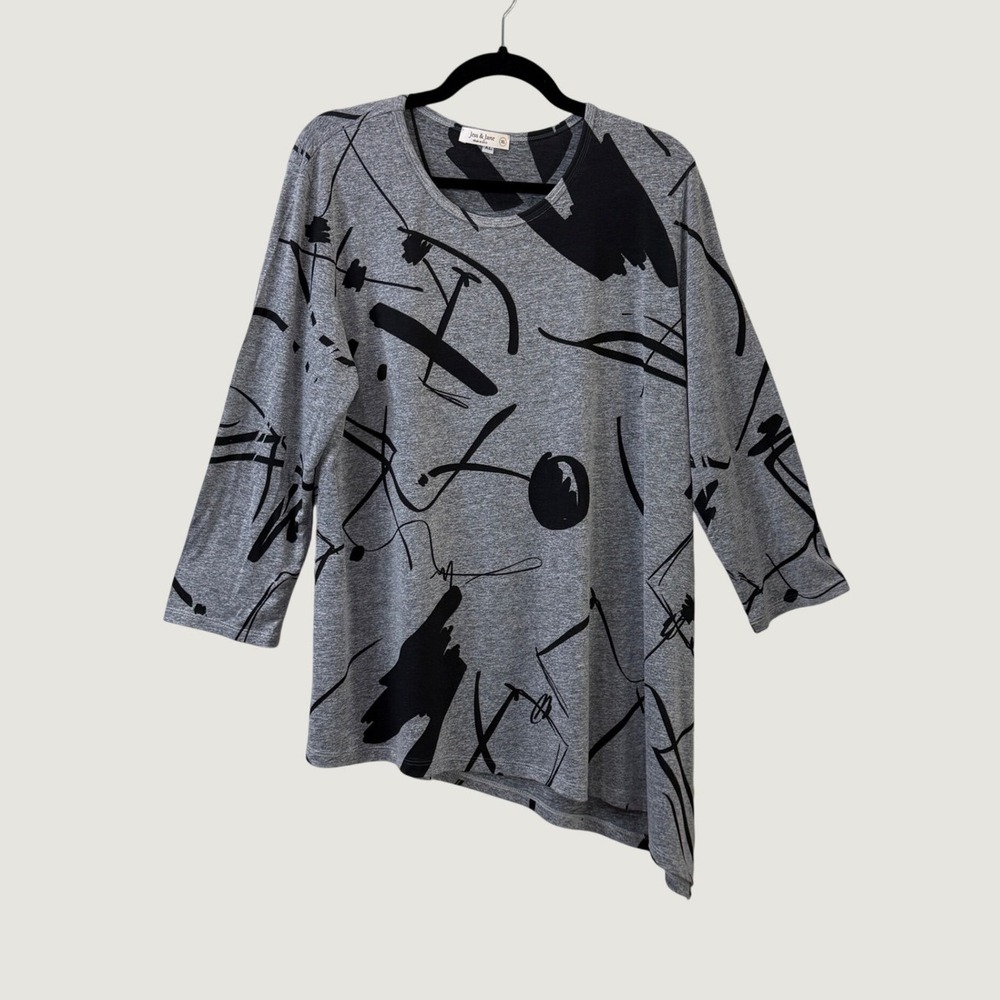 Jess & Jane‎ Tunic Top Womens Grey Abstract Art Asymmetrical Sharkbite XL